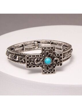 Filigree Western Turquoise Cross Stretch Bracelet OS